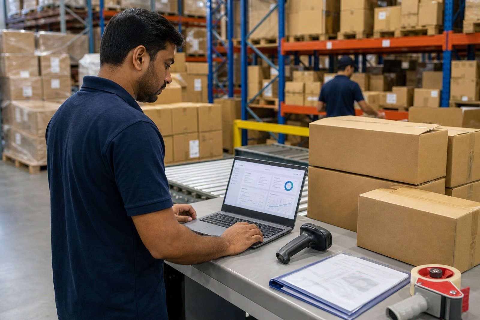 Seller Lab laptop and documents on a Sharjah warehouse packing table