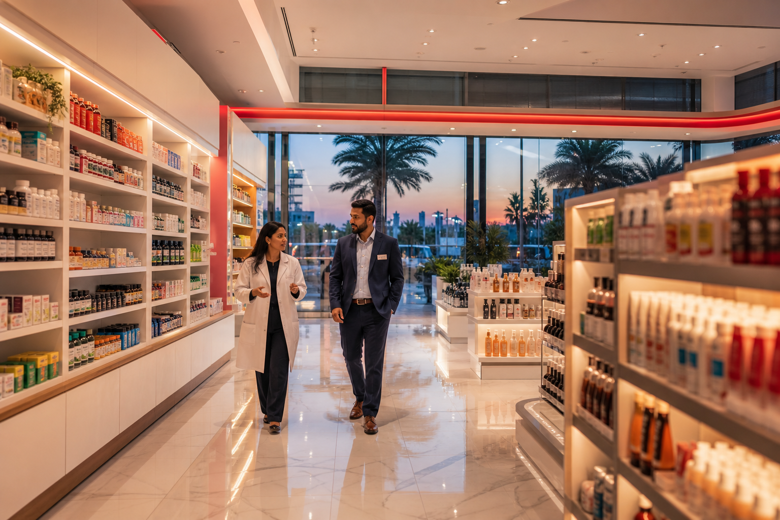 UAE pharmacy and retail floor at dusk, the engine that turns demand into revenue