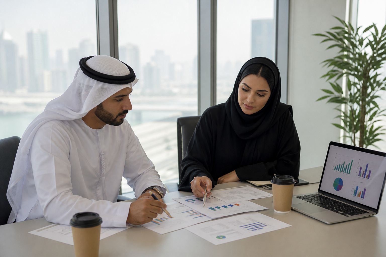 UAE retailers reviewing a growth audit and WhatsApp follow-up plan in a meeting room