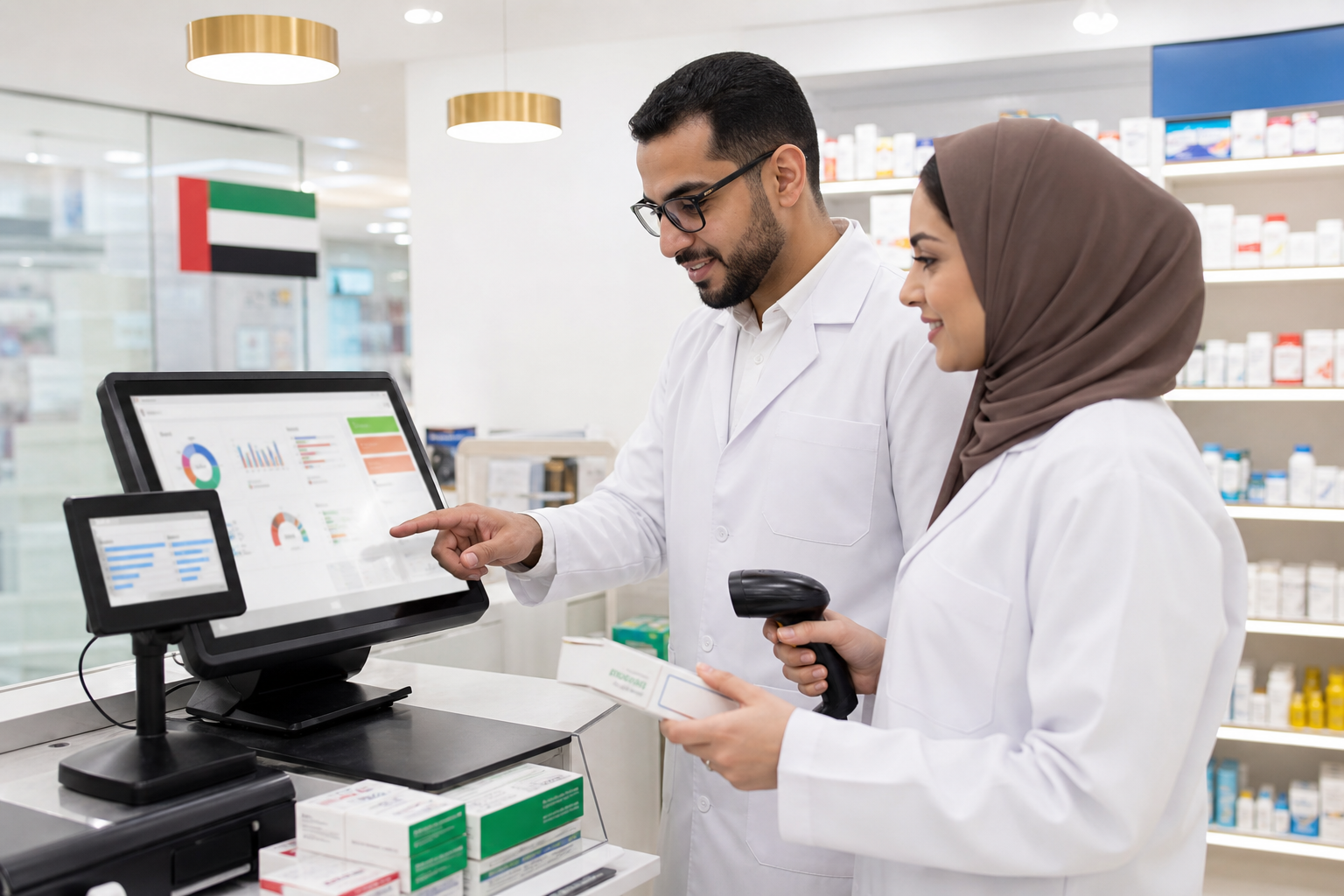 Pharmacy staff using an ElintOm POS touchscreen and stock scanner at the counter