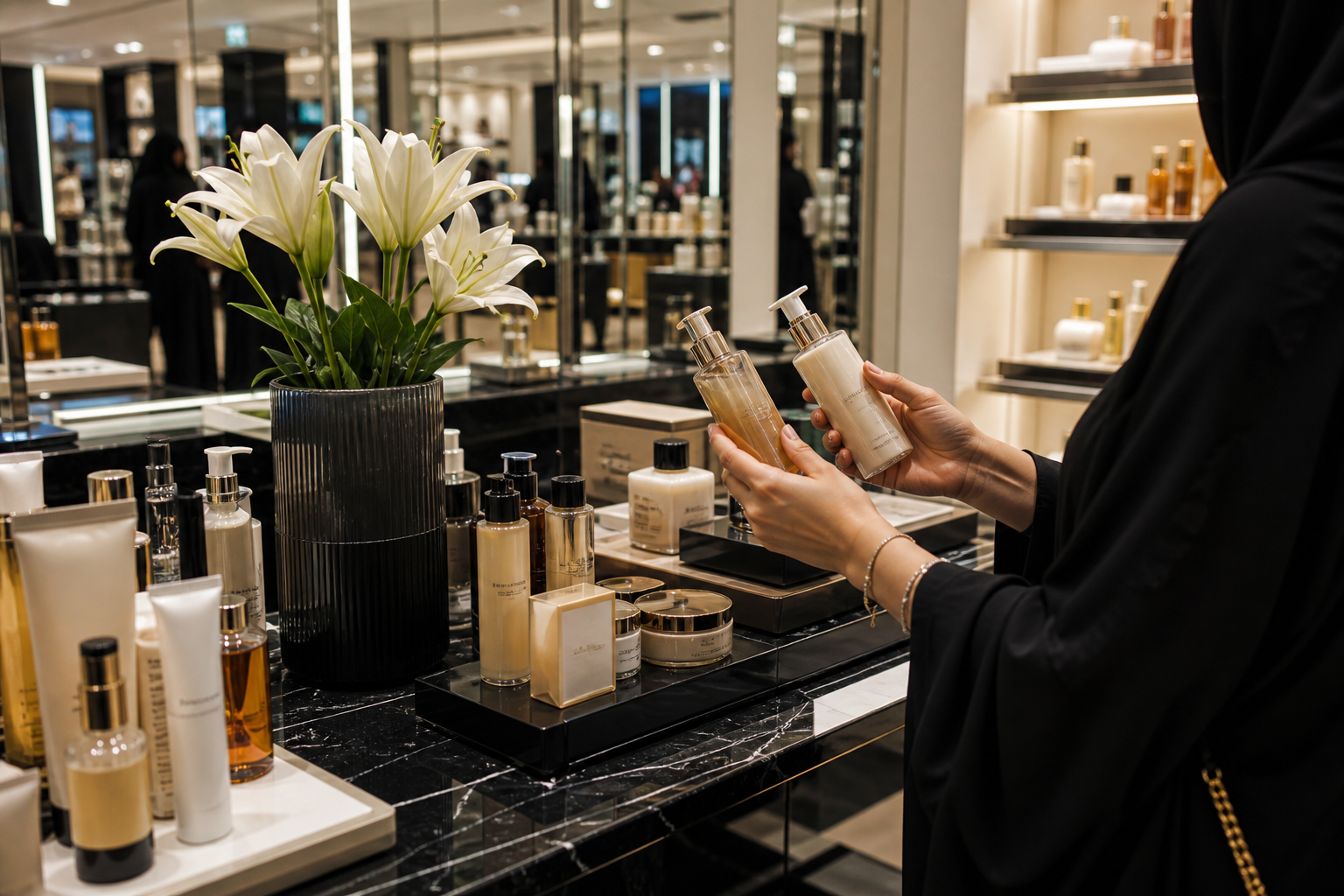 Beauty shopper testing skincare at a cosmetics island in a UAE boutique
