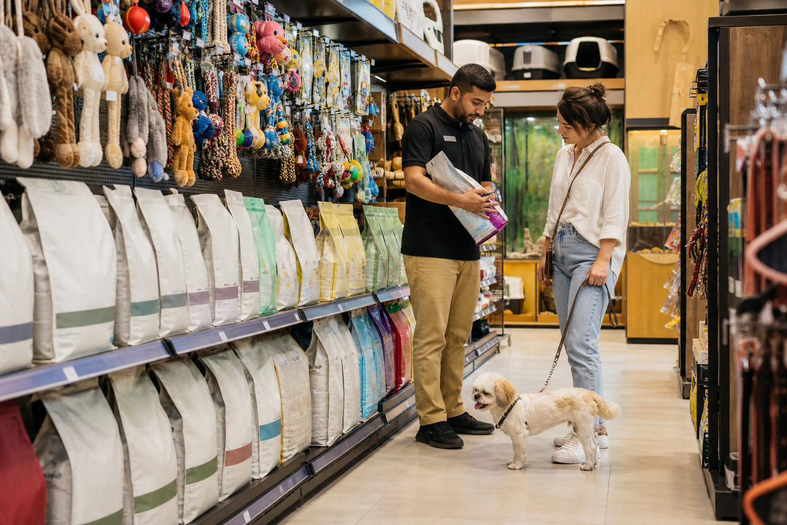 Pet care store aisle with a customer, dog, and staff restocking shelves