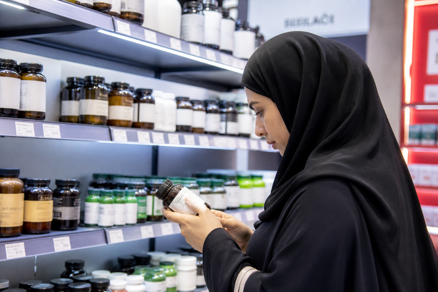 Customer reading a vitamin label on a packed supplements wall