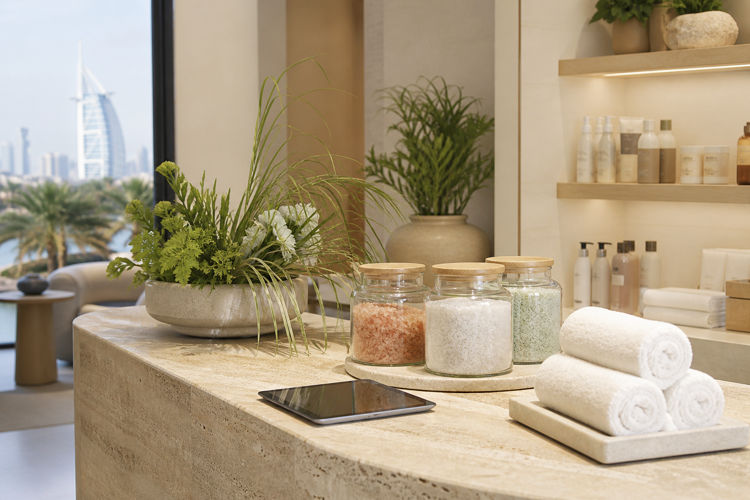 Spa-side wellness retail counter with glass jars and a tablet till