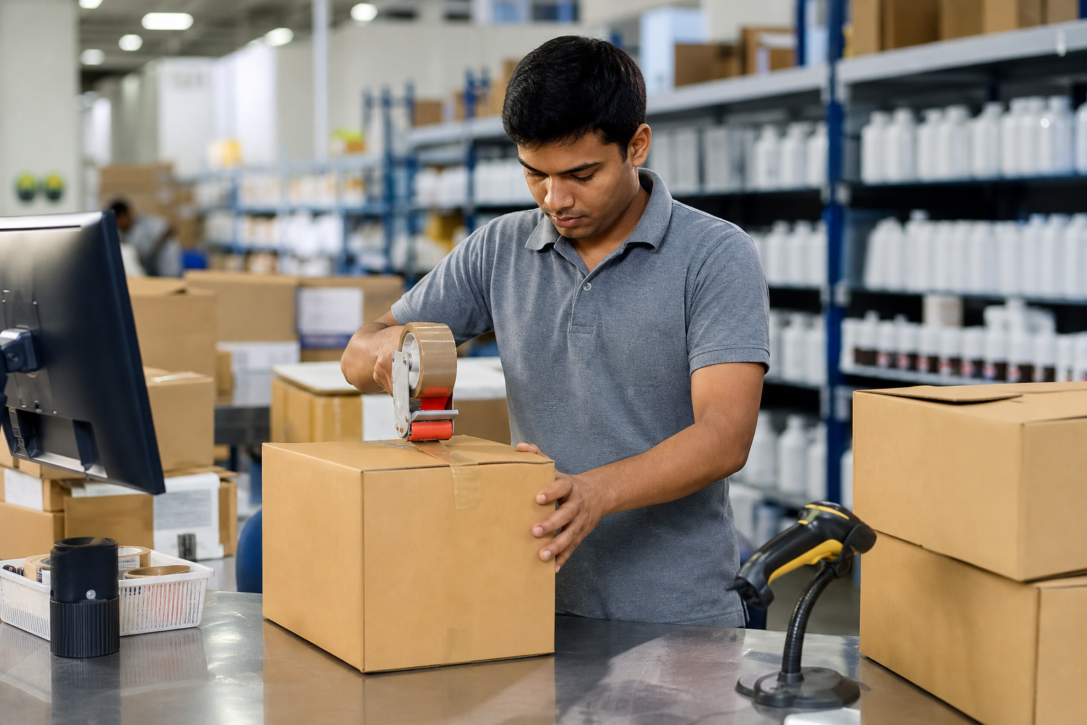 Marketplace warehouse packing station for Amazon, Noon, and Shopify order ops