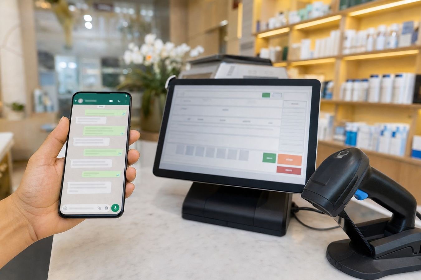 WhatsApp and POS systems connected on a retail counter