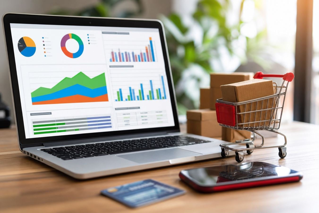 Marketing campaigns and rising sales charts on a laptop