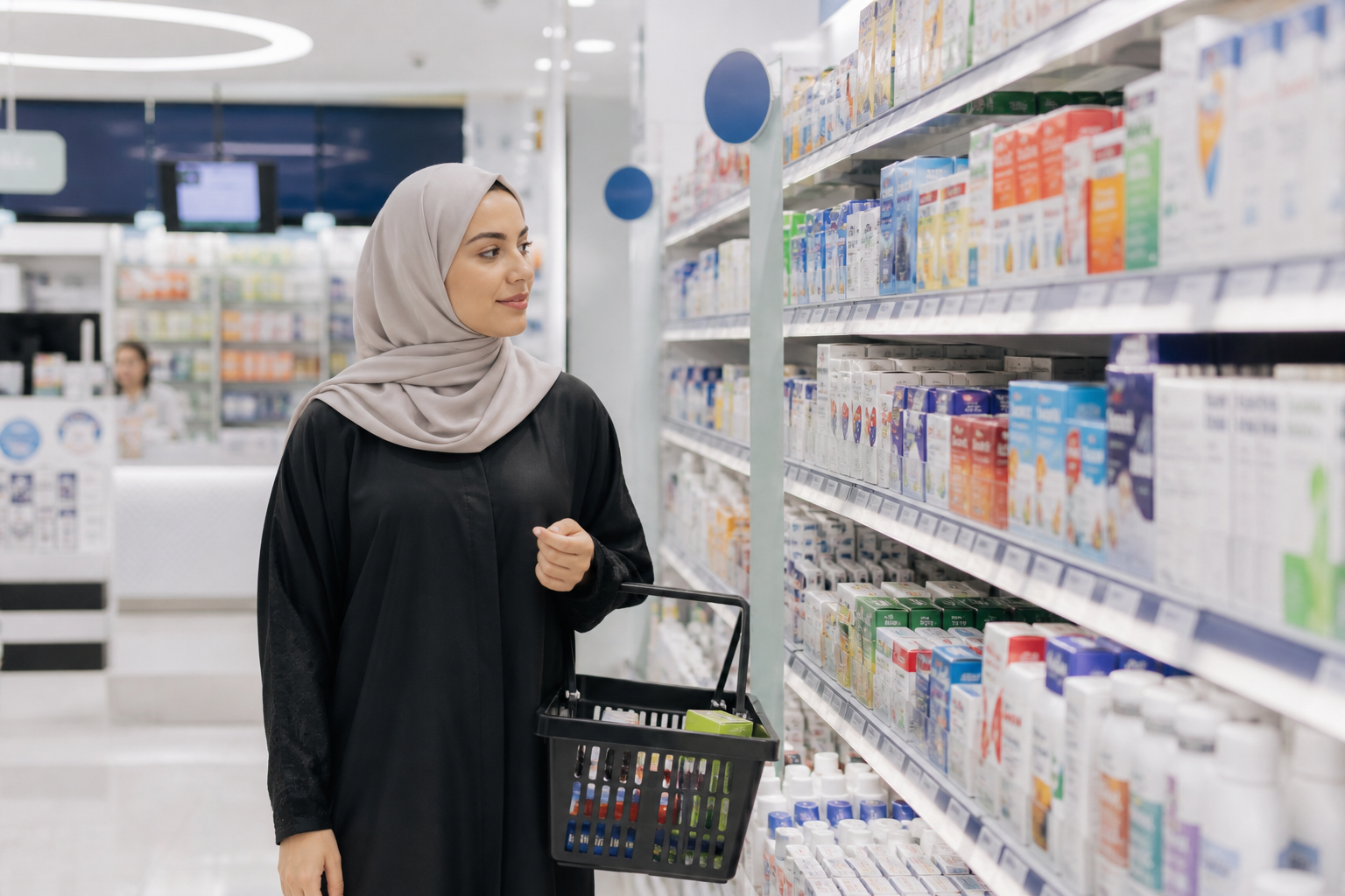 Shopper in a Gulf Pharmacy aisle using a clearer healthcare buying journey