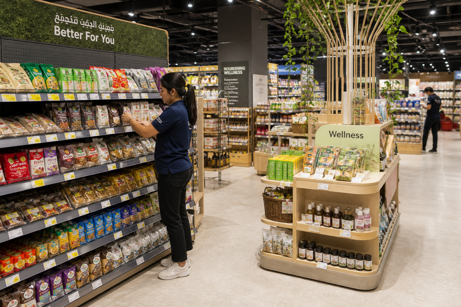 Mixed specialty and wellness retail floor for pharmacies, pet care, and supplements