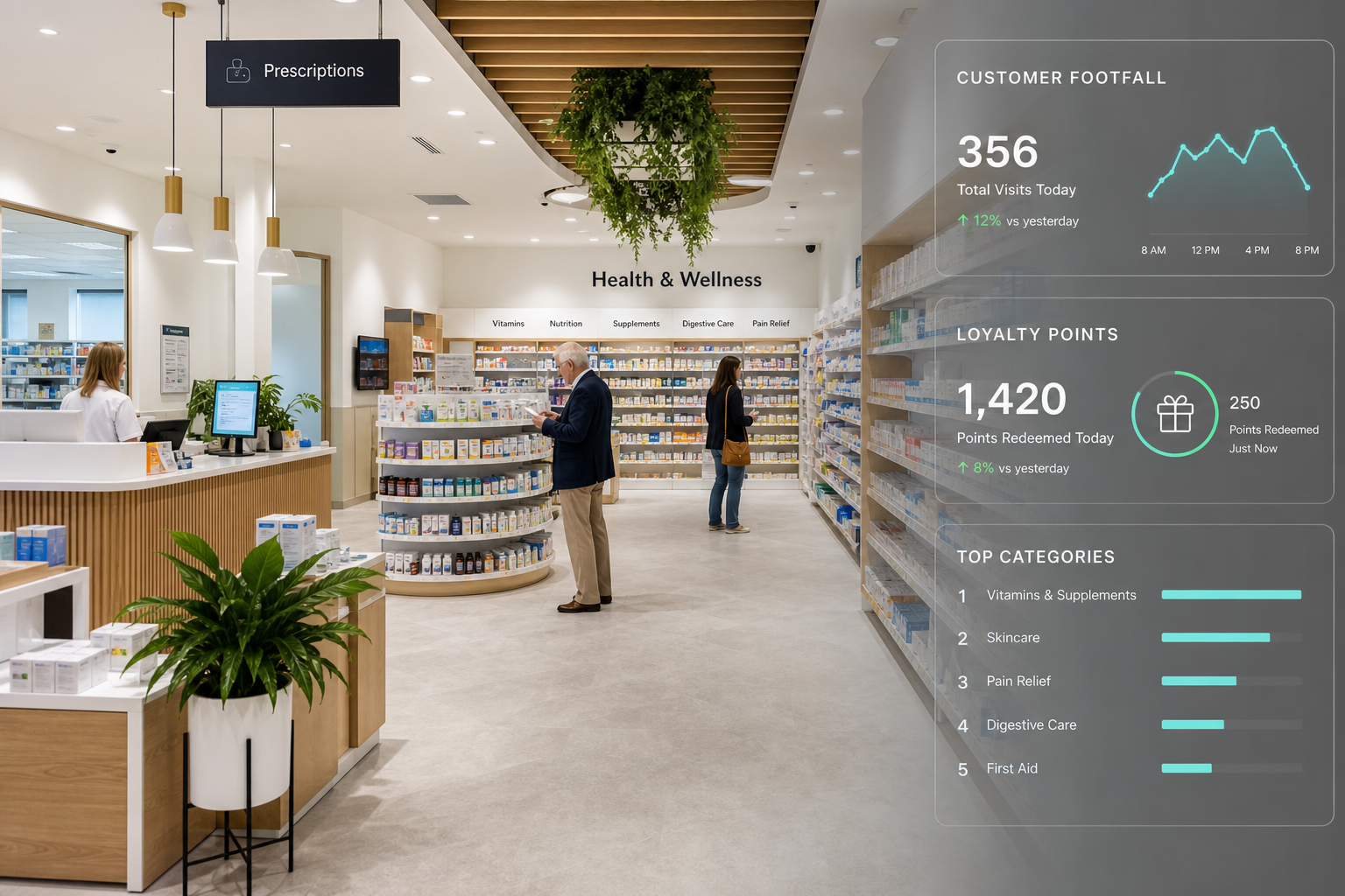 Modern pharmacy interior with digital overlay showing footfall and loyalty