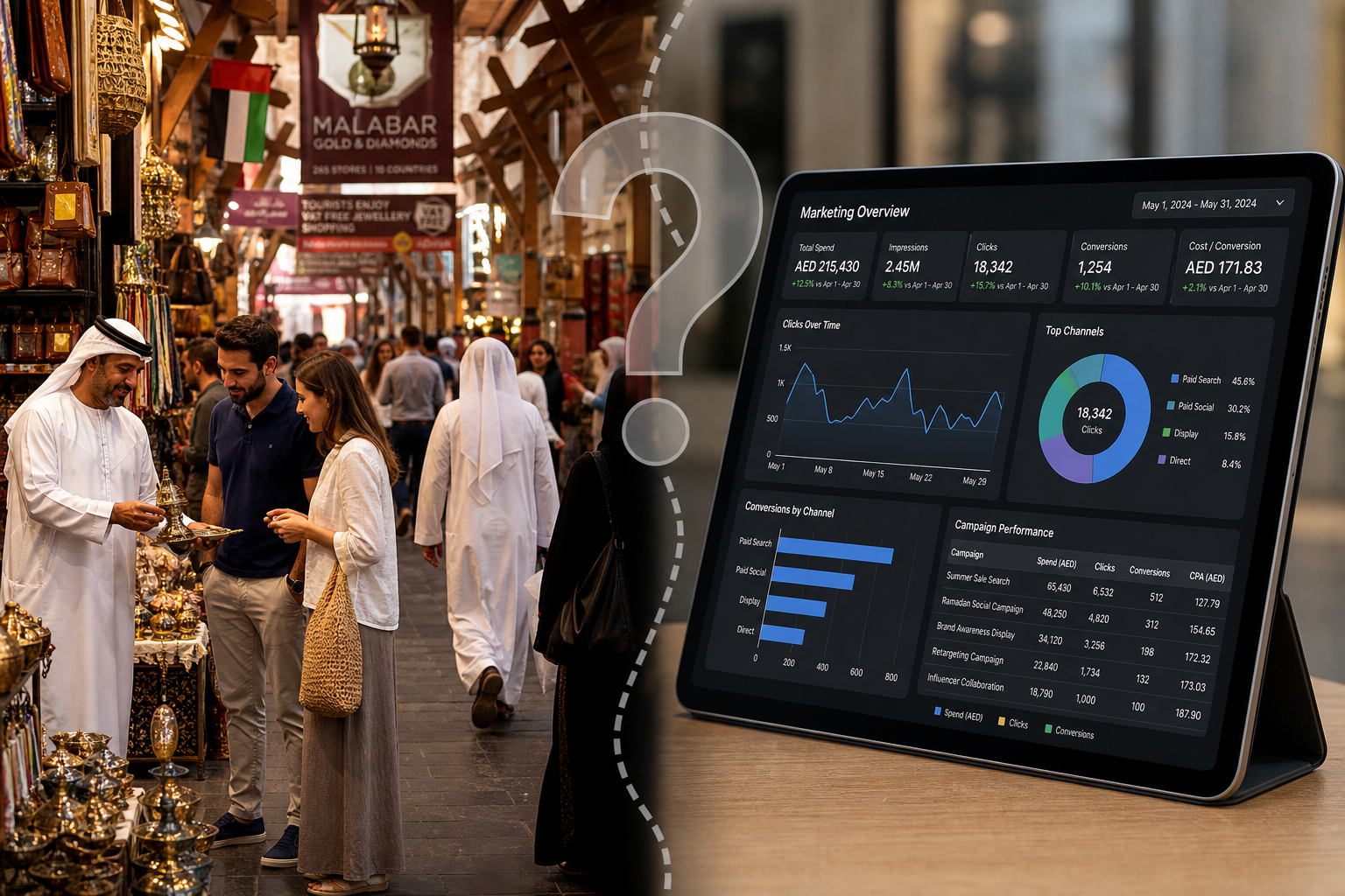 Split image: traditional market vs. digital marketing dashboard, symbolizing disconnect