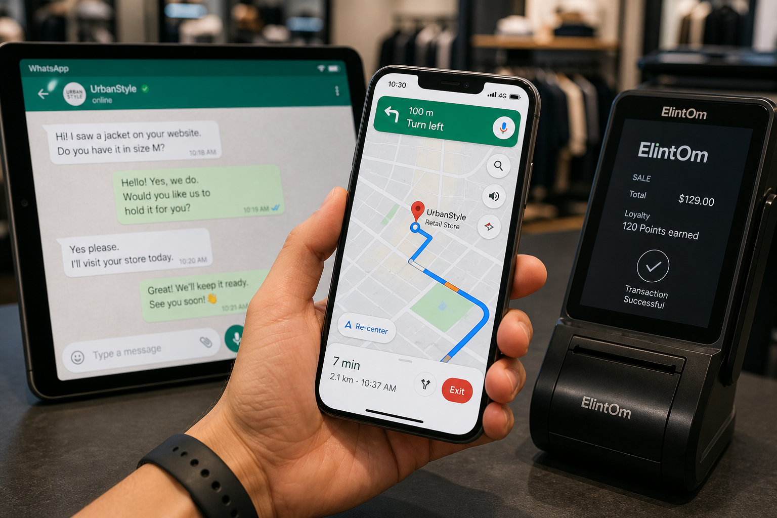 Smartphone navigation to store, with WhatsApp chat and POS terminal