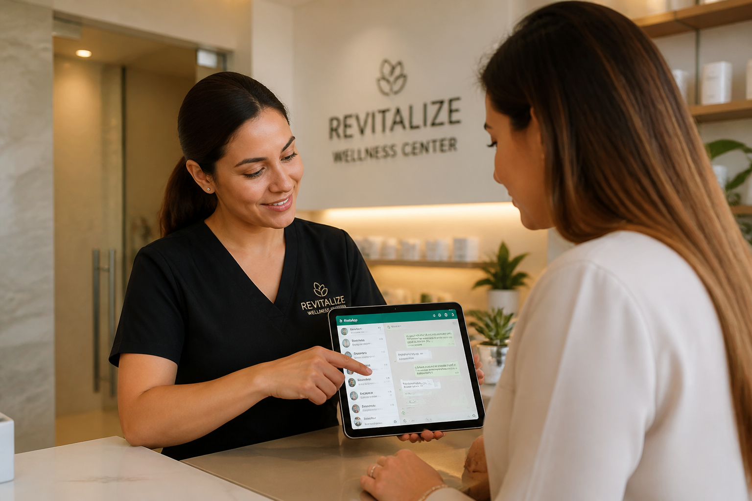 Clinic staff using tablet with WhatsApp CRM to interact with customer