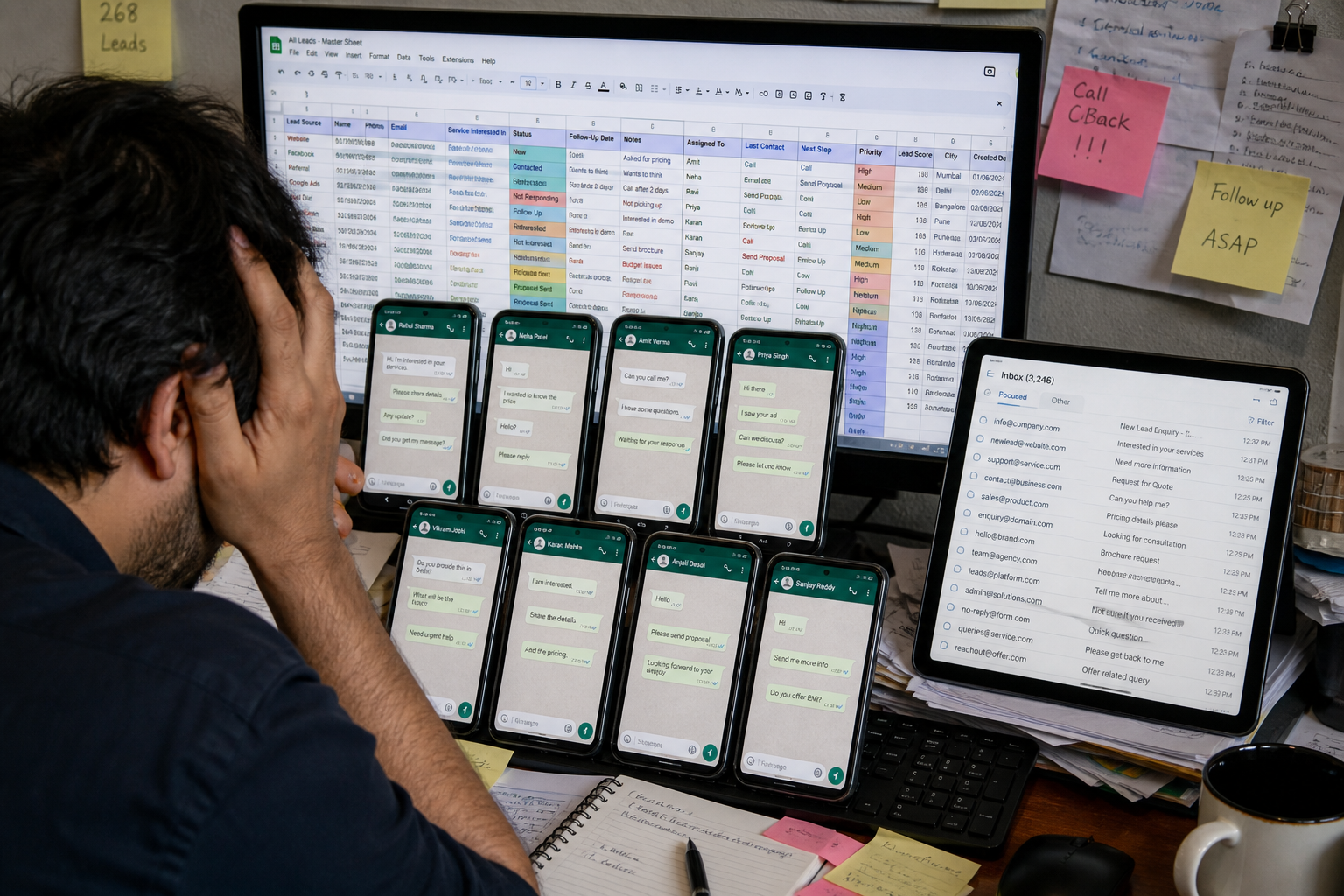 Chaotic digital screens showing unmanaged leads and WhatsApp chats