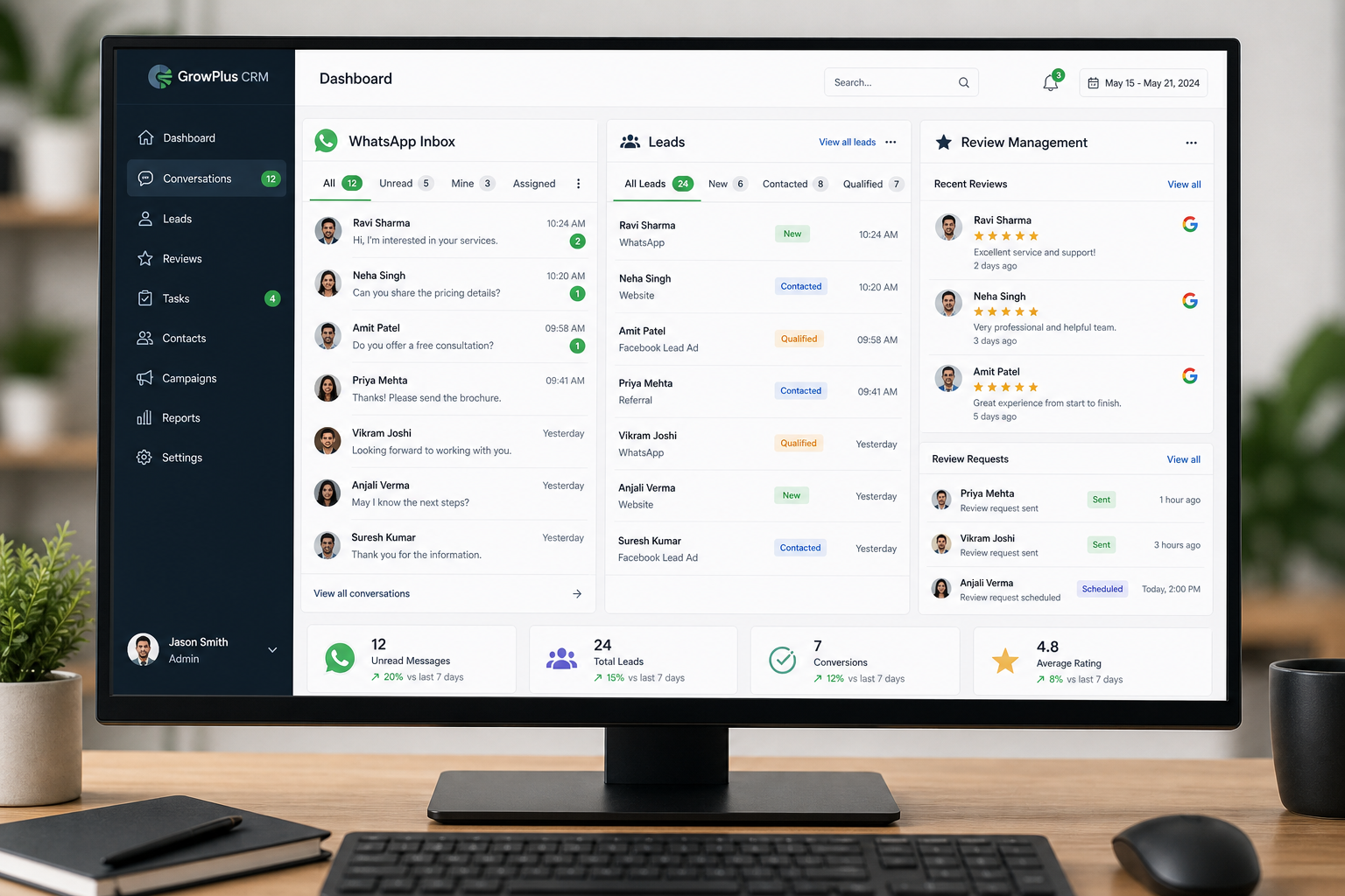 Integrated CRM dashboard with shared WhatsApp inbox and review management