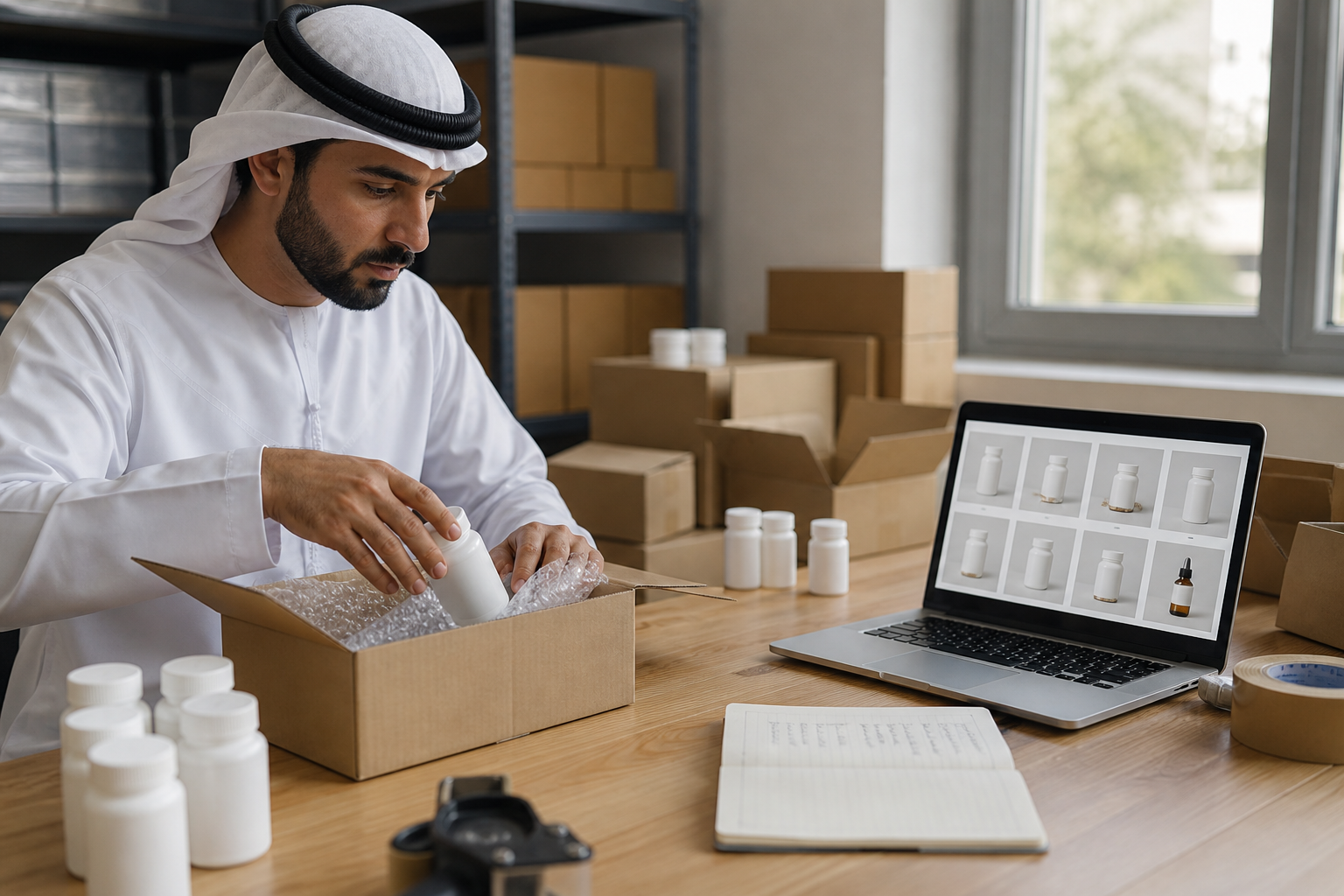 Marketplace seller packing generic wellness bottles for multi-channel orders