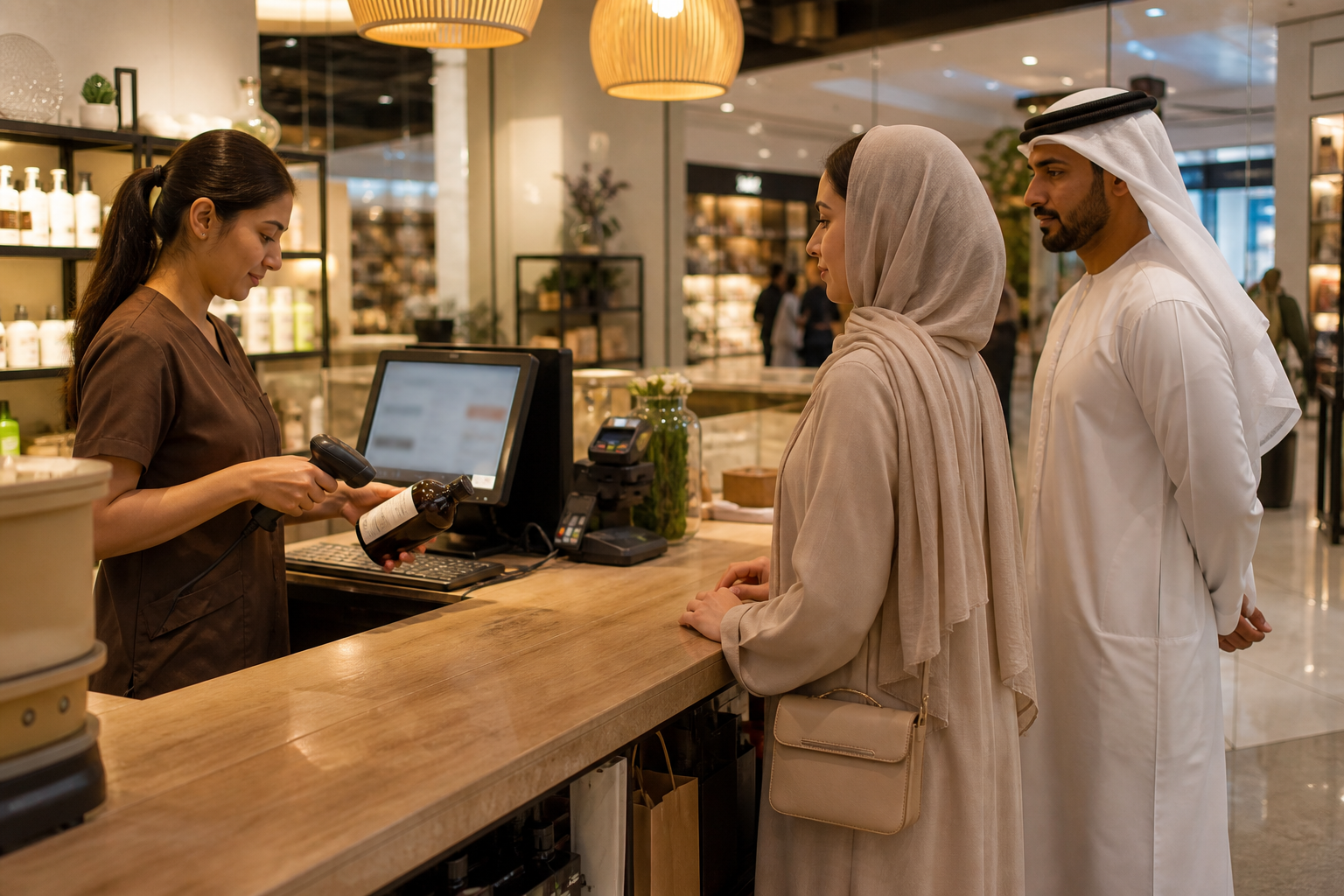 Retail Growth checkout in a UAE mall store with staff scanning wellness products