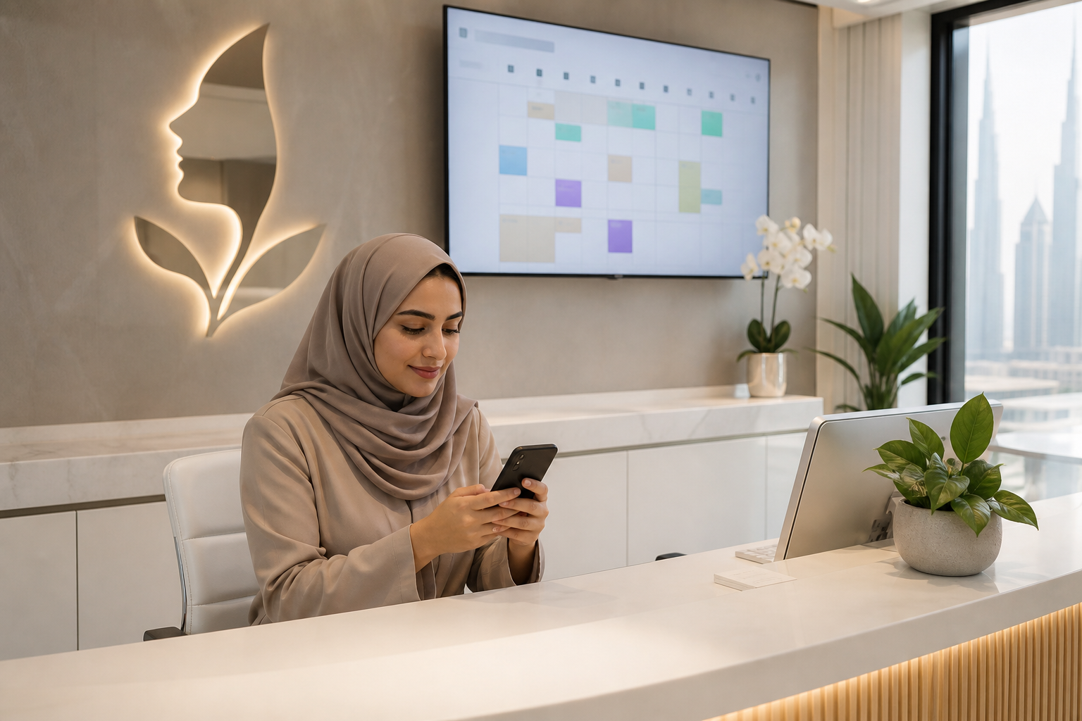Clinic receptionist managing WhatsApp enquiries at a Dubai service desk