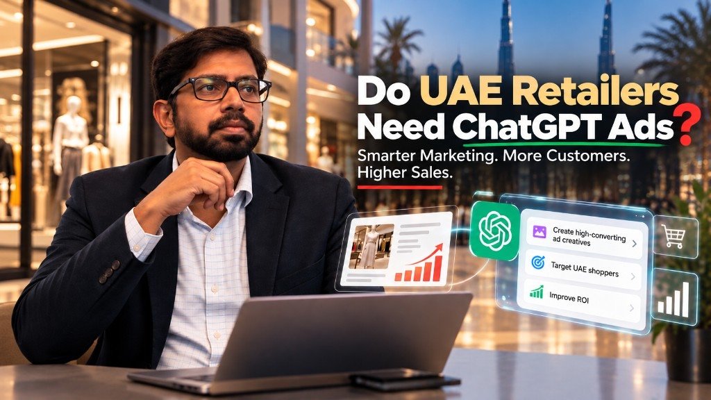 UAE retailer reviewing a ChatGPT Ads plan beside a Dubai mall storefront