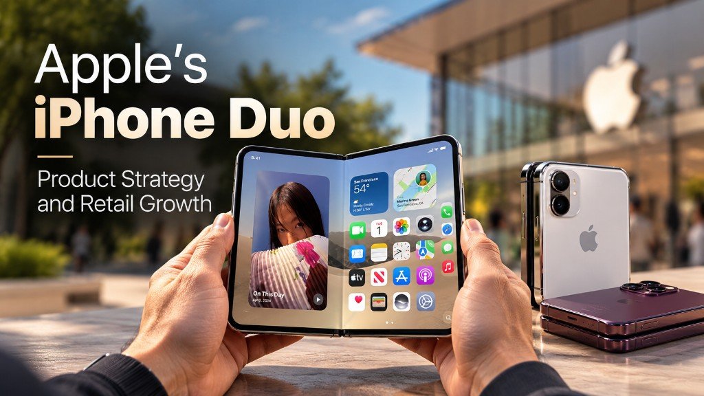 Hands holding an unfolded foldable iPhone Duo outside an Apple Store, illustrating Apple's iPhone Duo product strategy and retail growth