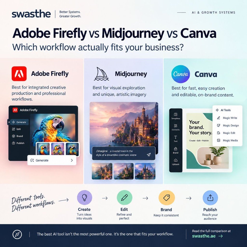 Adobe Firefly, Midjourney and Canva compared across create, edit, brand and publish workflows