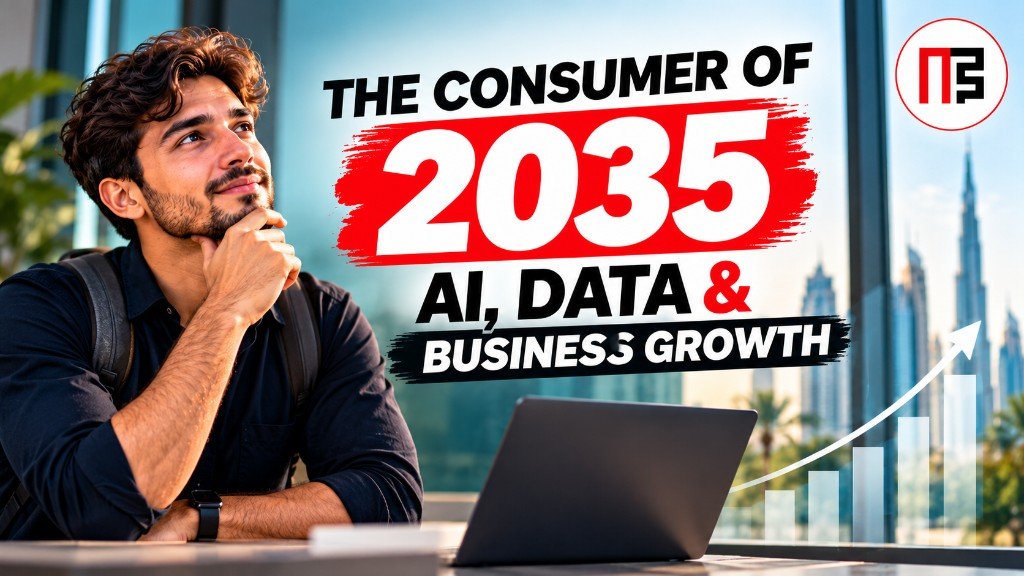 Business owner planning for the consumer of 2035 beside a laptop, Dubai skyline and rising growth chart for AI, data and business growth