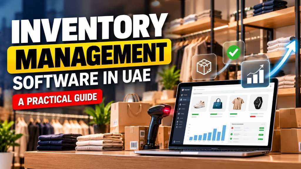 Inventory Management Software in UAE: A Practical Guide for Retailers showing multi-store stock, barcode scanning and laptop dashboard